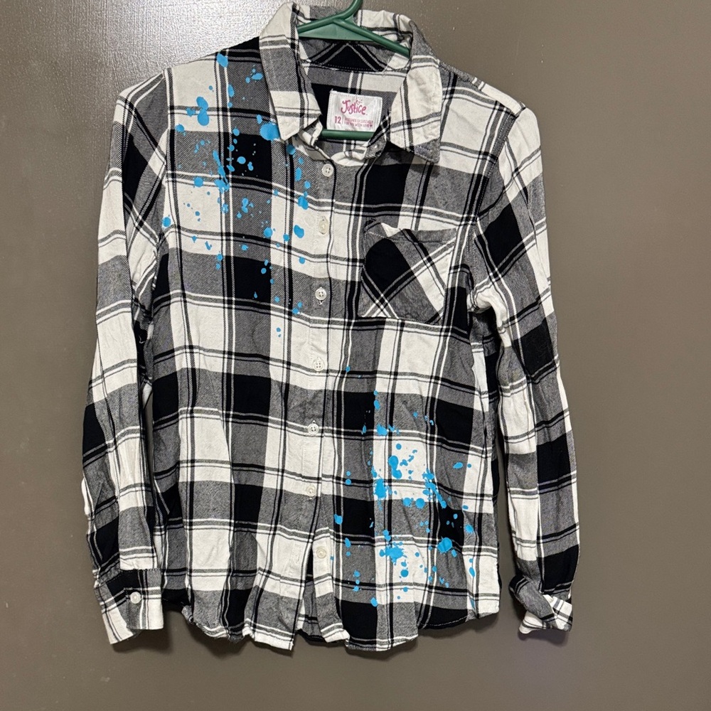 Justice Black and White Plaid Shirt with Blue Splatter